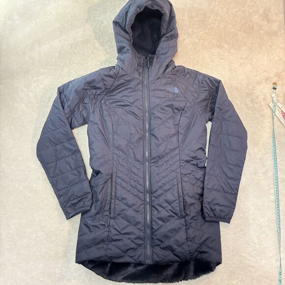 EUC North Face Women Small Mossbud Reversible Puffer Fleece Coat Navy Long Hood